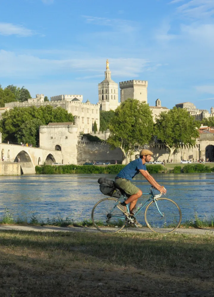 Cycliste sur ViaRhôna devant le pont d'Avignon 